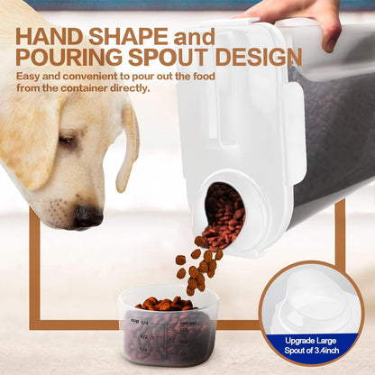 TIOVERY Dog Food Storage Container, 5-7 Lbs Airtight Pet Food Container, Cat Food Container Dispenser Plastic Bin with Pouring Spout, Portable Handle and a Collapsible bowl for Dogs Cats Grey/6Qt