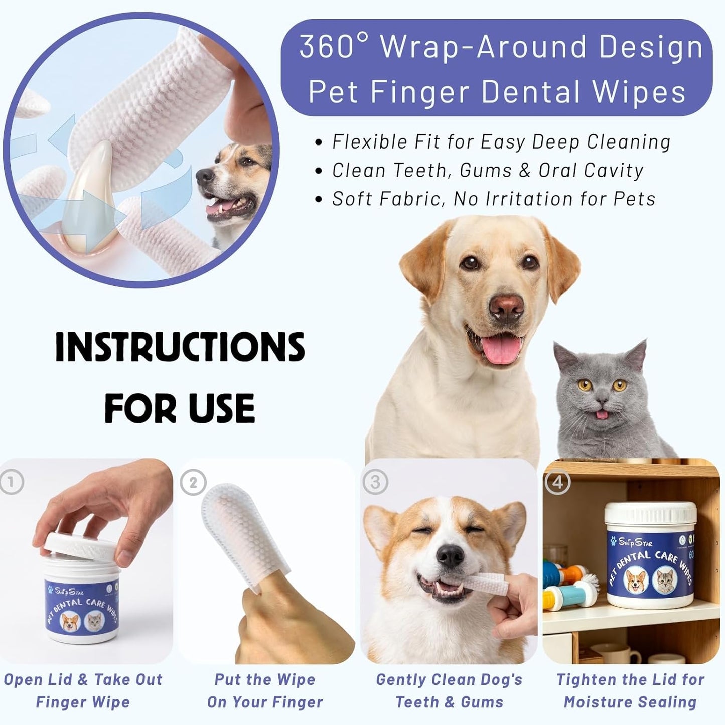 60 Counts Dental Wipes for Dogs Teeth & Cats, No-Rinse Dog Tooth Wipes for Breath Freshener & Gum Care, Pet Toothbrush Toothpaste Alternative, Unscented Disposable Dog Oral Teeth Cleaning Finger Wipes