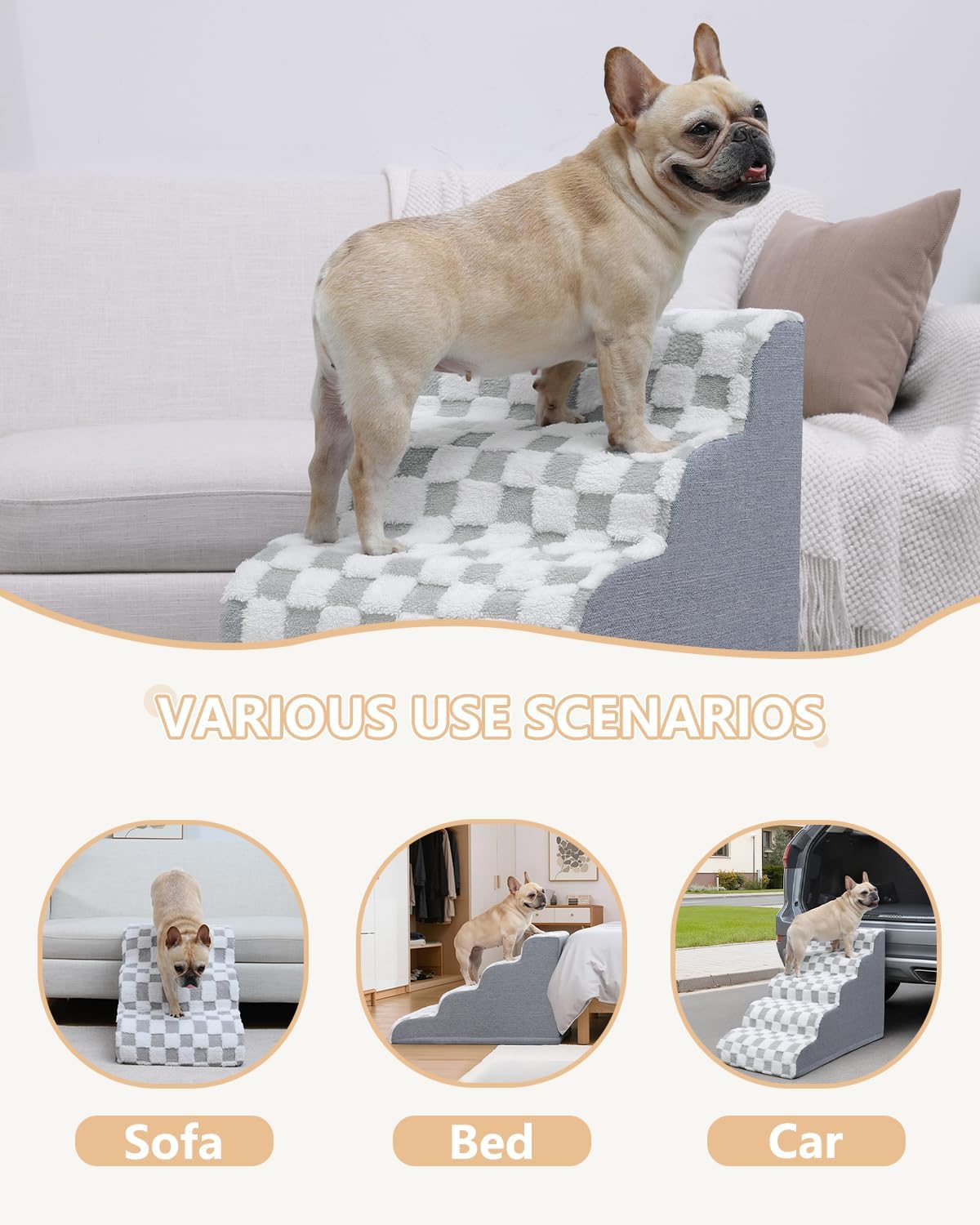 KSIIA Dog Stairs Curved Dog Steps for Bed 3-Tier Pet Stairs Supportive Pet Steps for High Beds Couch Sofa Chair with Removable Washable Cover & Non-Slip Bottom, 22" D x 16" W x 16" H, Grey
