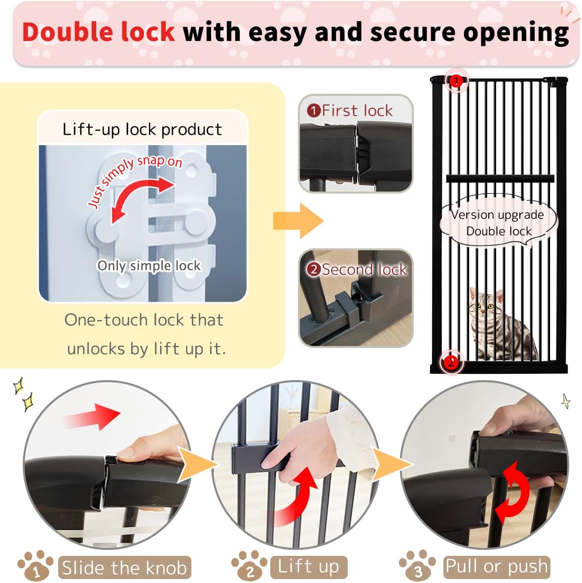 Lumizone Extra Tall Cat Gate 61.02" High Pressure Mounted Extra Wide 30.12"-34.05" (17Sizes) 1.37" Gap No Drilling Auto-Close Tall Pet Gate for Dogs (Black, 30.12"-34.05" W)