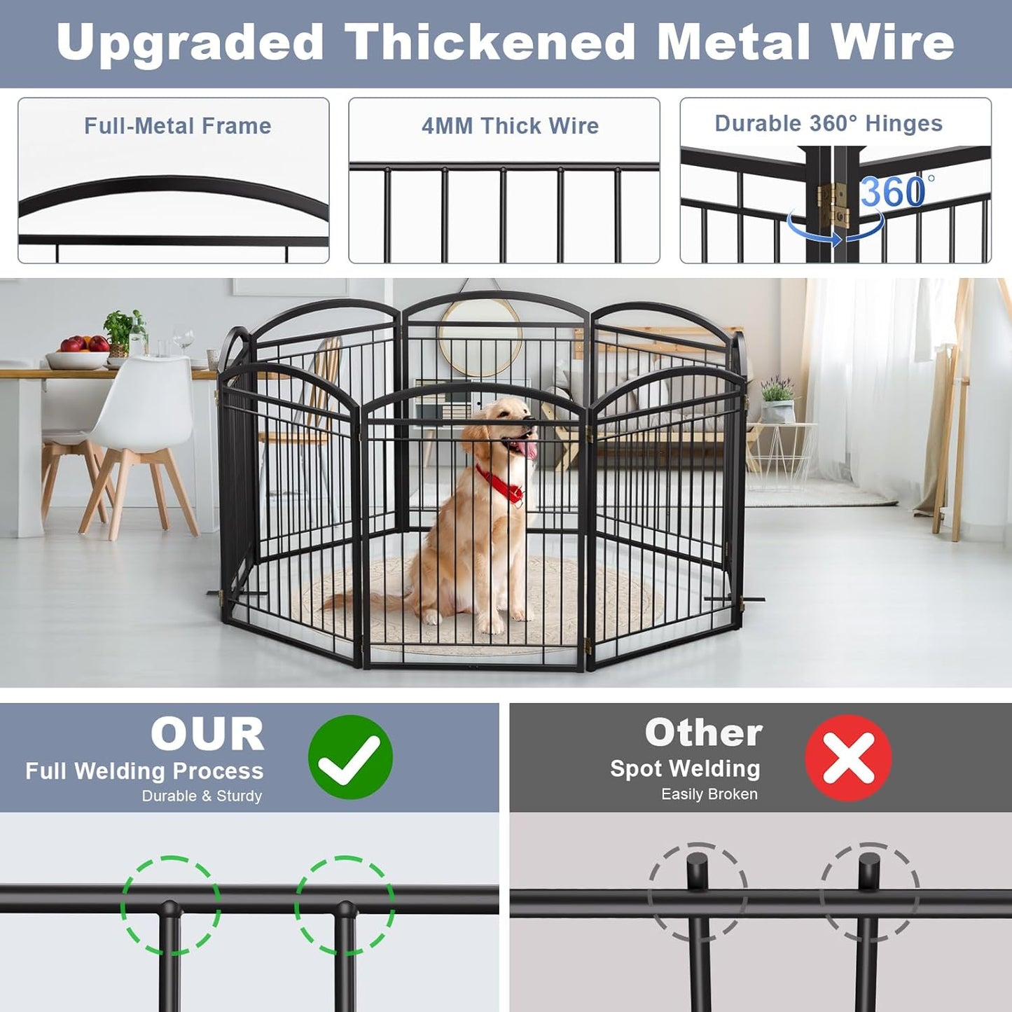 Full Metal Free Standing Dog Gate with Door for Indoor & Outdoor,96'' Extra Wide 32'' Tall Dog Gate for The Doorways,Large Openings,Decks,Porch,Pet Freestanding Safety Fence(4 Panels,Black)