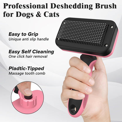 2PCS Self Cleaning Slicker Brush & Dog Comb - Skin Friendly Deshedding Grooming Tool for Dogs, Cats and Small Animals, Professional Deshedding Dematting Tool for Long and Short Haired Pets (Pink)