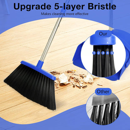 Broom and Dustpan Set with Long Handle, Light Weight Stainless Steel Poles Stand Upright Dustpans with Broom Combo for Home Kitchen Office Pet Dog Hair, Brown & Beige Color, 1-Pack