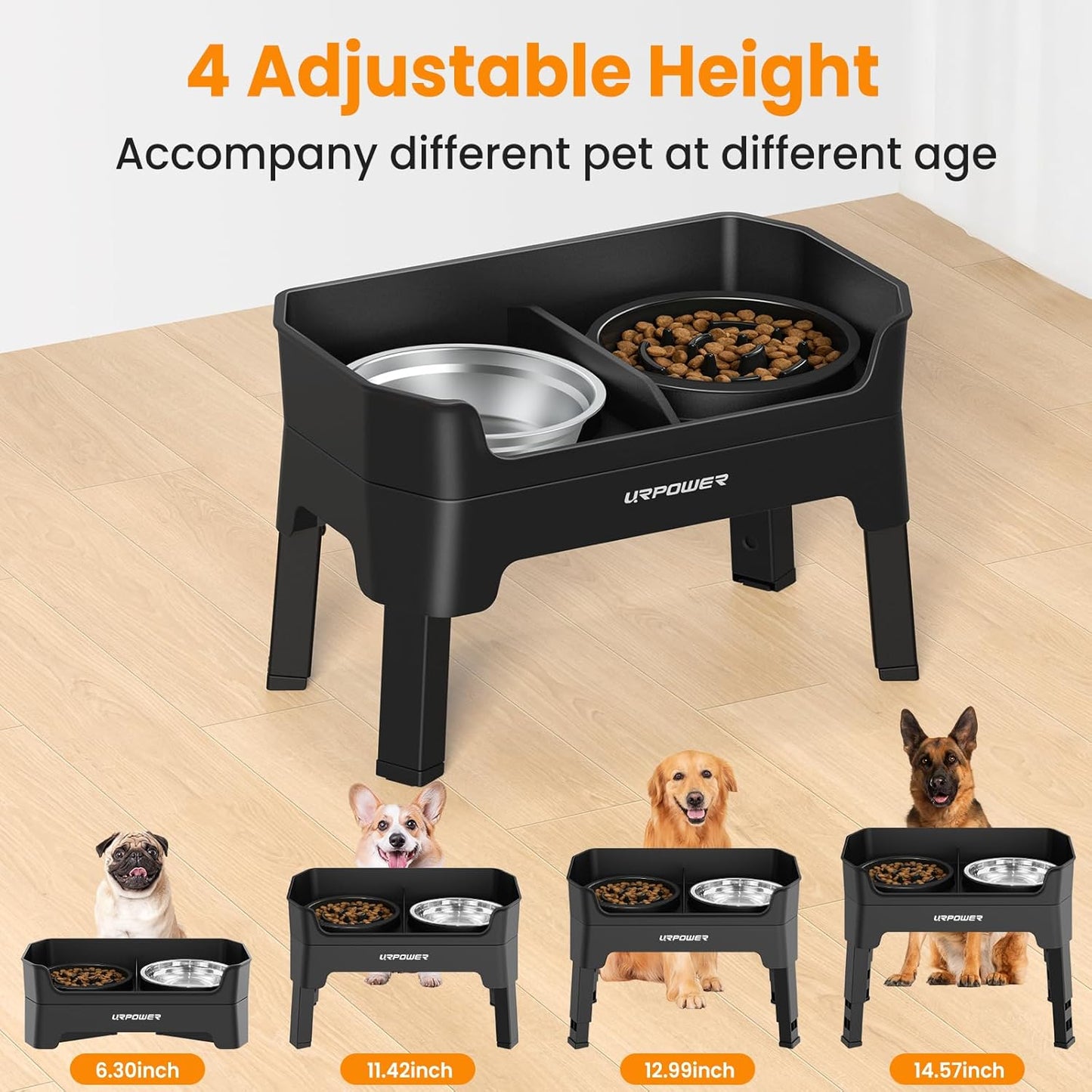 URPOWER Mess Proof Elevated Dog Bowls 4 Height Adjustable Raised Stand with No Spill Water Bowl and Slow Feeder Dog Bowls Non-Slip Food and Water Bowl Set for Small, Medium & Large Dogs