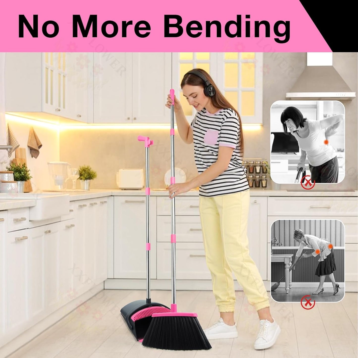 Broom and Dustpan Set with Long Handle, Light Weight Stainless Steel Poles Stand Upright Dustpans with Broom Combo for Home Kitchen Office Pet Dog Hair, Brown & Beige Color, 1-Pack