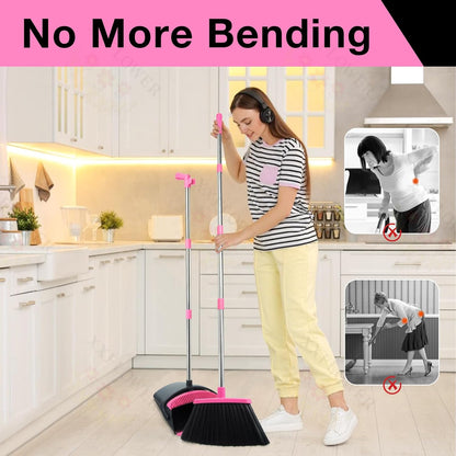 Broom and Dustpan Set with Long Handle, Light Weight Stainless Steel Poles Stand Upright Dustpans with Broom Combo for Home Kitchen Office Pet Dog Hair, Brown & Beige Color, 1-Pack