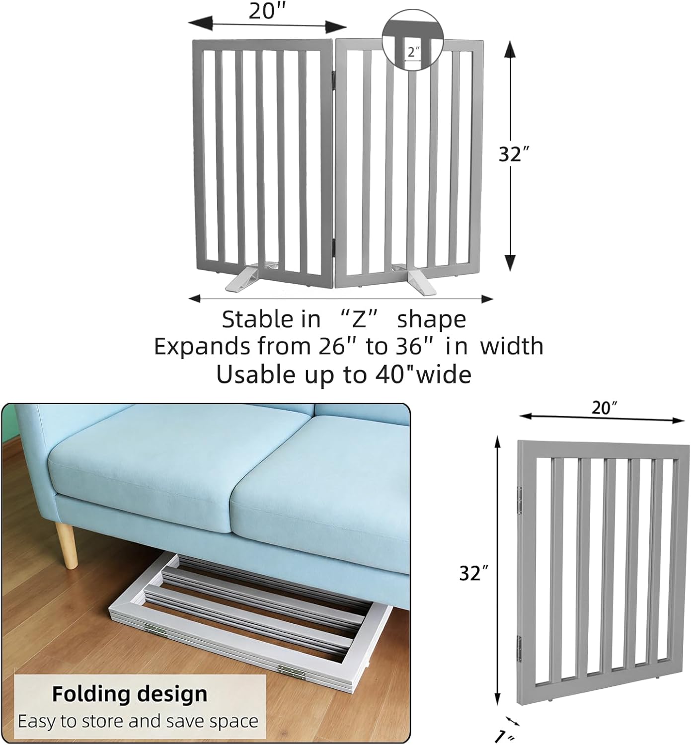 Dog Gate Indoor, Freestanding Dog Fence for The House, Doorways, Hallways,or Stairs,Pet Gate Foldable Wooden,Expandable 24" Height 3 Panels,White