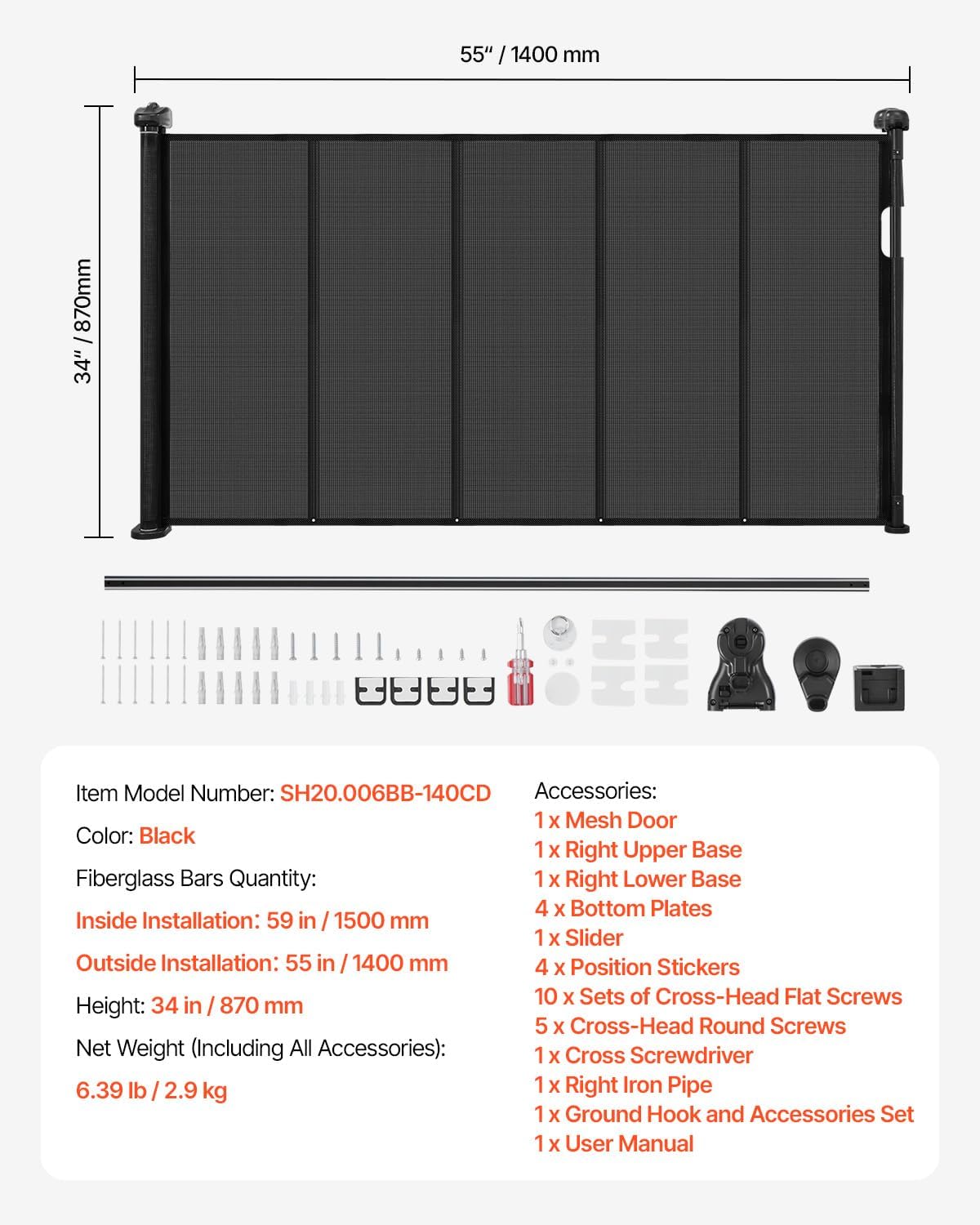 VEVOR Retractable Baby Gate, 34 inch Tall, Extends up to 110 inch Wide, Retractable Gate for Kids or Pets, Mesh Material, Easy to Install for Indoor Stairs, Doorways, Hallways, Playrooms, Gray
