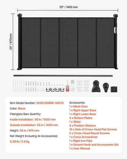 VEVOR Retractable Baby Gate, 34 inch Tall, Extends up to 110 inch Wide, Retractable Gate for Kids or Pets, Mesh Material, Easy to Install for Indoor Stairs, Doorways, Hallways, Playrooms, Gray