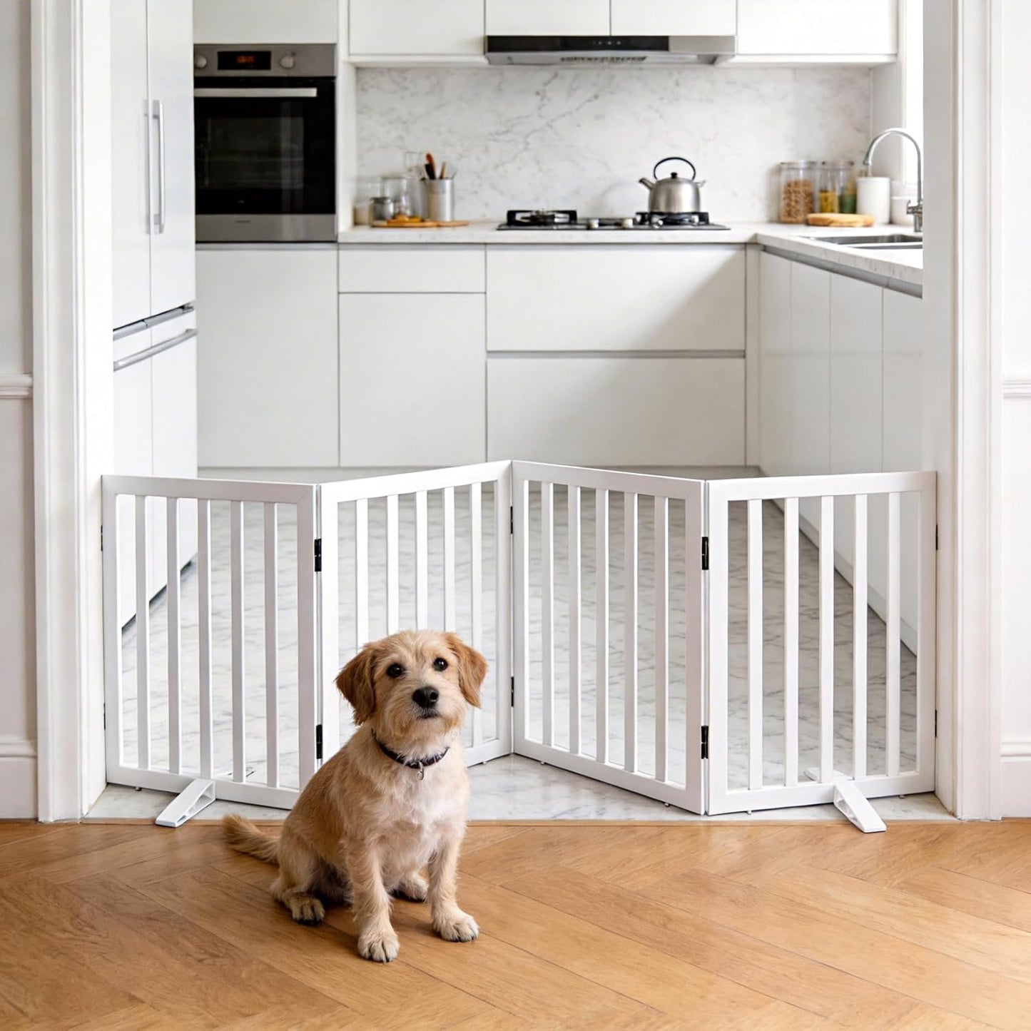 ZJSF Freestanding Indoor Dog Gate for House Foldable Wood Puppy Gate for Doorways Pet Gate for Stairs Extra Wide Pet Fence, Brown, 24" Height 3 Panels