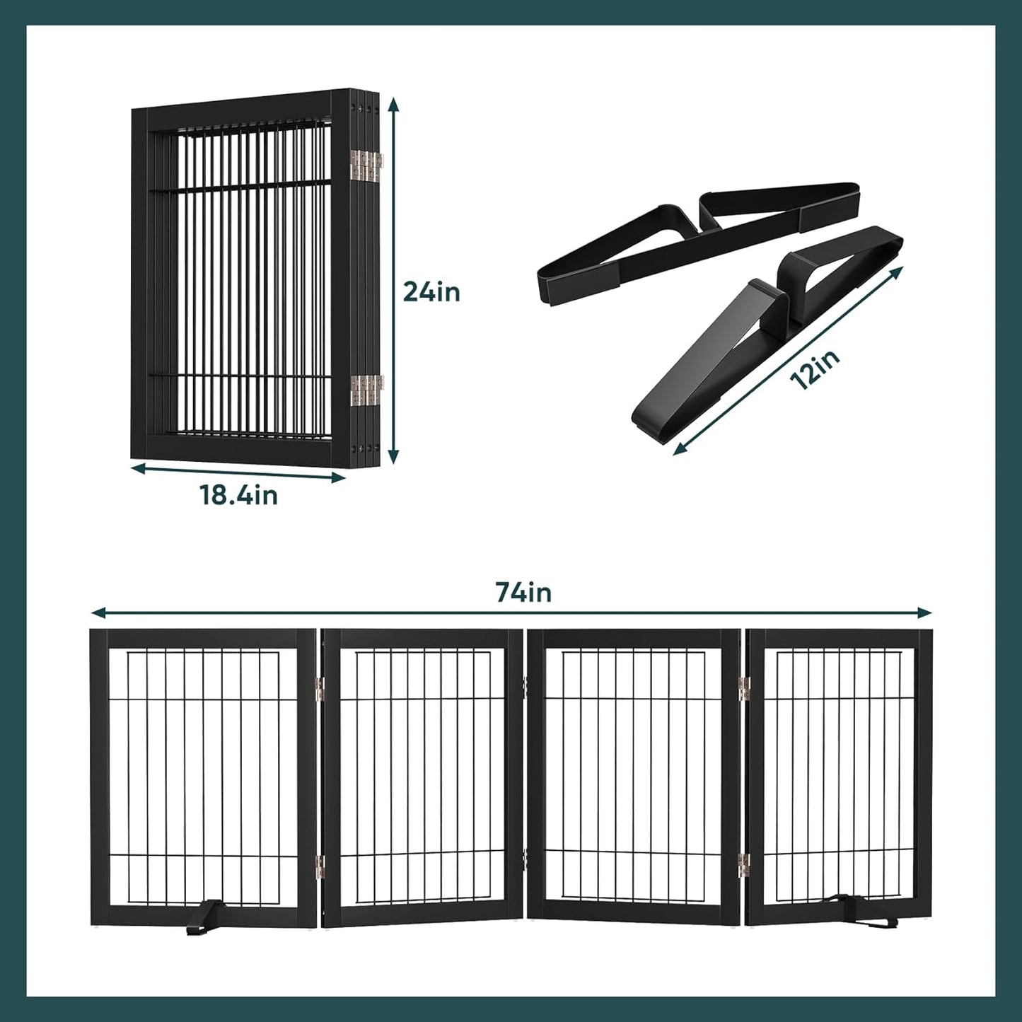 Freestanding Dog Gates Indoor, 3-Panel Pet Gates with 2 Metal Stands and 360° Hinge, 24" H Foldable Dog Gate for Stairs, Doorway, Kitchen, Expands Up to 55" Fully Assembled - Black Walnut