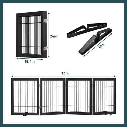 Freestanding Dog Gates Indoor, 3-Panel Pet Gates with 2 Metal Stands and 360° Hinge, 24" H Foldable Dog Gate for Stairs, Doorway, Kitchen, Expands Up to 55" Fully Assembled - Black Walnut