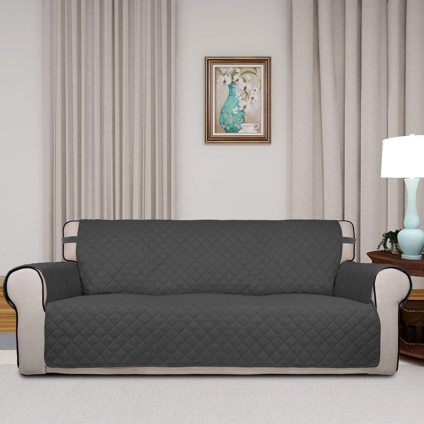 PureFit Reversible Quilted Sofa Cover, Water Resistant Slipcover Furniture Protector, Washable Couch Cover with Non Slip and Elastic Straps for Kids, Dogs, Pets (Sofa, Gray/Light Gray) - Colors B