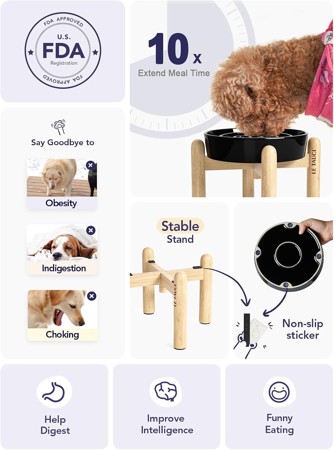 LE TAUCI Dog Bowls Slow Feeder Ceramic, 1.5 Cup Slow Feeding Bowl for Small and Medium Breed, Puzzle Dog Food Bowl for Fast Eater, Maze Purple
