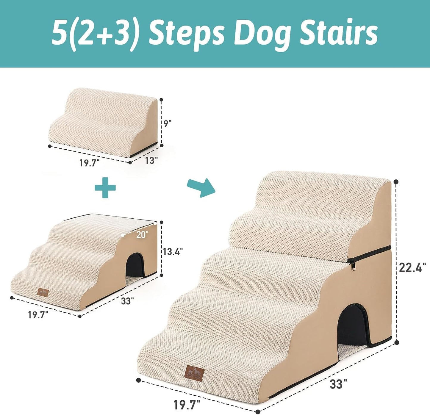 COZY KISS Extra Wide Dog Stairs with Tunnel, Foam Detachable Large Dog Step for Small Pet, Puppy or Cats, Medium Pet Ramp for High Bed, Couch, Sofa or Car, 19.7x33x22.4 inch, 5 Step, Beige