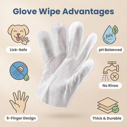 Pet Cleaning Gloves (6 Count) | Extra Thick Disposable Grooming Gloves with Aloe & Jojoba Oil, Waterless No-Rinse Odor Control, Lick-Safe Five-Finger Design for Cats & Dogs