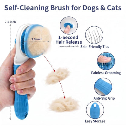 Dog Brush Grooming Kit 5 PCS - Self Cleaning Slicker Brush for Shedding Short Long Haired Dogs & Cats, Includes Pet Comb, Flea Comb, Bath Brush, Undercoat Rake - Complete Fur Care Set - Gray