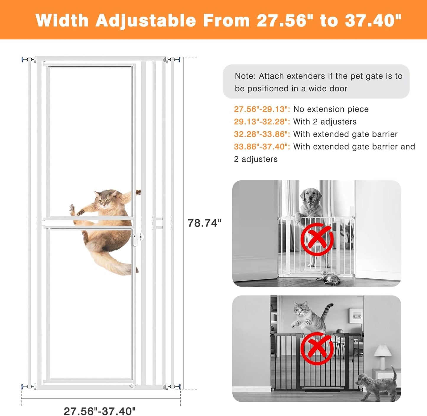 78.7" Extra Tall Transparent Cat Gate for Doorway, PC Board Clear Pet Gate with 27”-37” Adjustable Width, Pressure Mounted Dog Gate with Auto Locking, for Stairs/Kitchen/Hallways, No Drilling