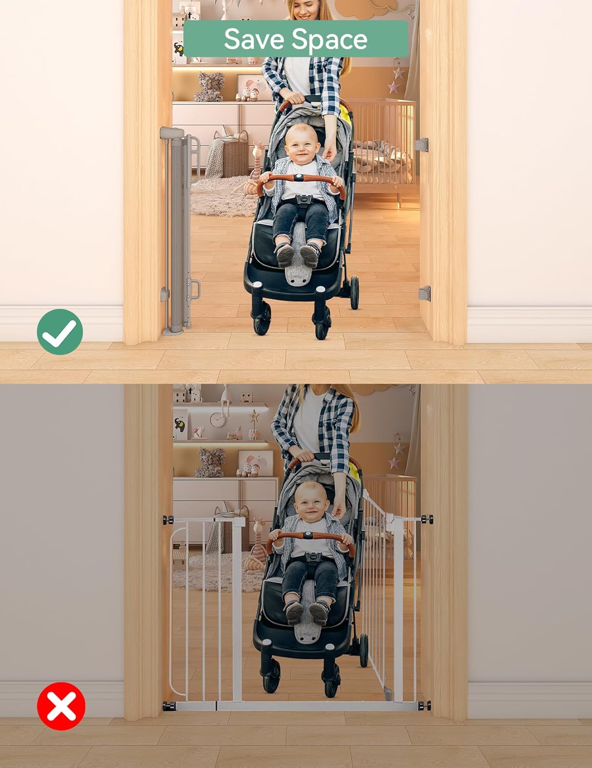Momcozy Auto Lock Retractable Baby Gate, Safety Gate for Baby and Pet, 33” Tall, Extends to 55” Wide, Mesh Safety Dog Gate for Stairs, Indoor, Outdoor, Doorways, Hallways