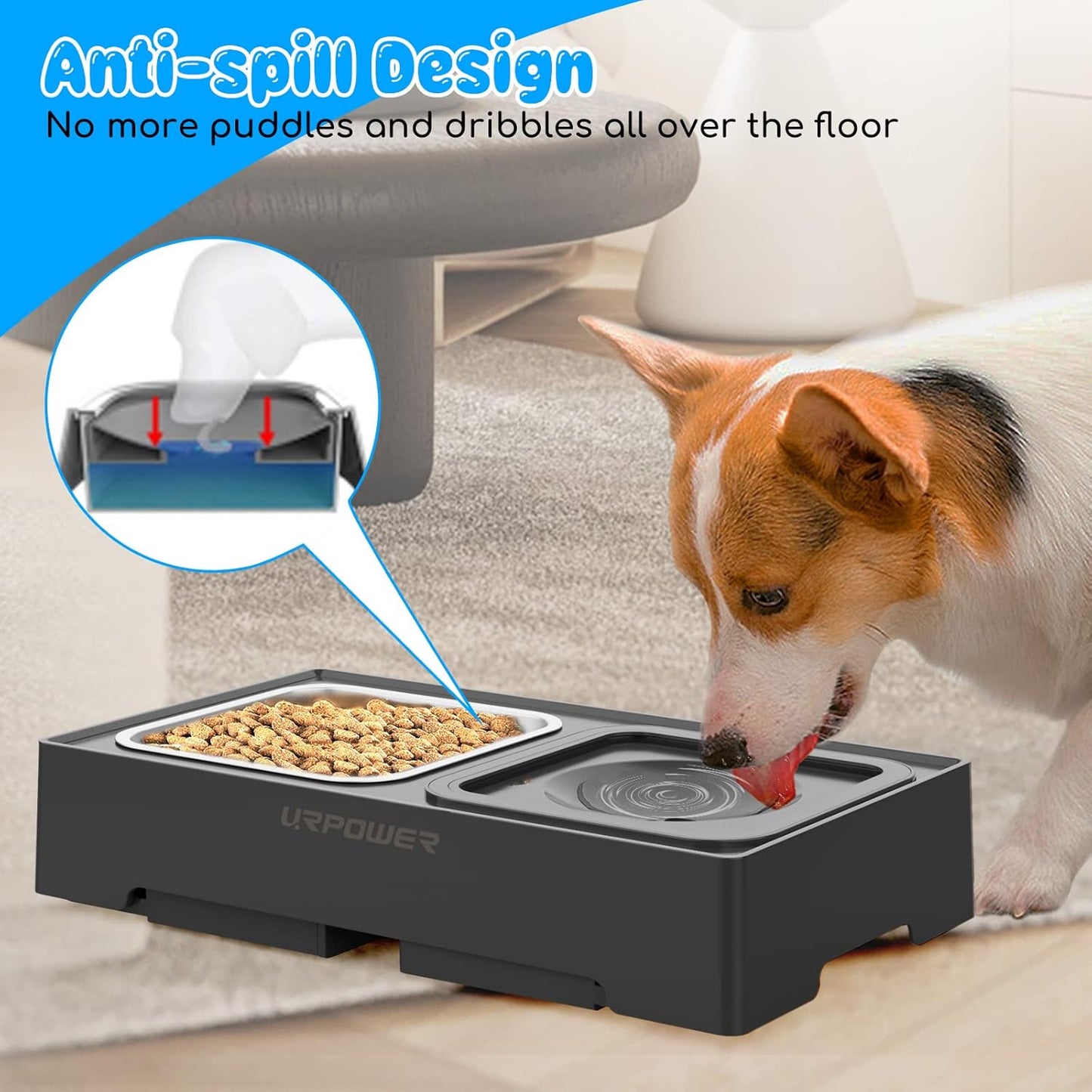 URPOWER 2-in-1 Elevated Slow Feeder Dog Bowls with No-Spill Water Bowl, 4 Height-Adjustable Raised Dog Bowls, Non-Slip Food and Water Bowls with Stand for Small, Medium, Large Dogs, Cats and Pets
