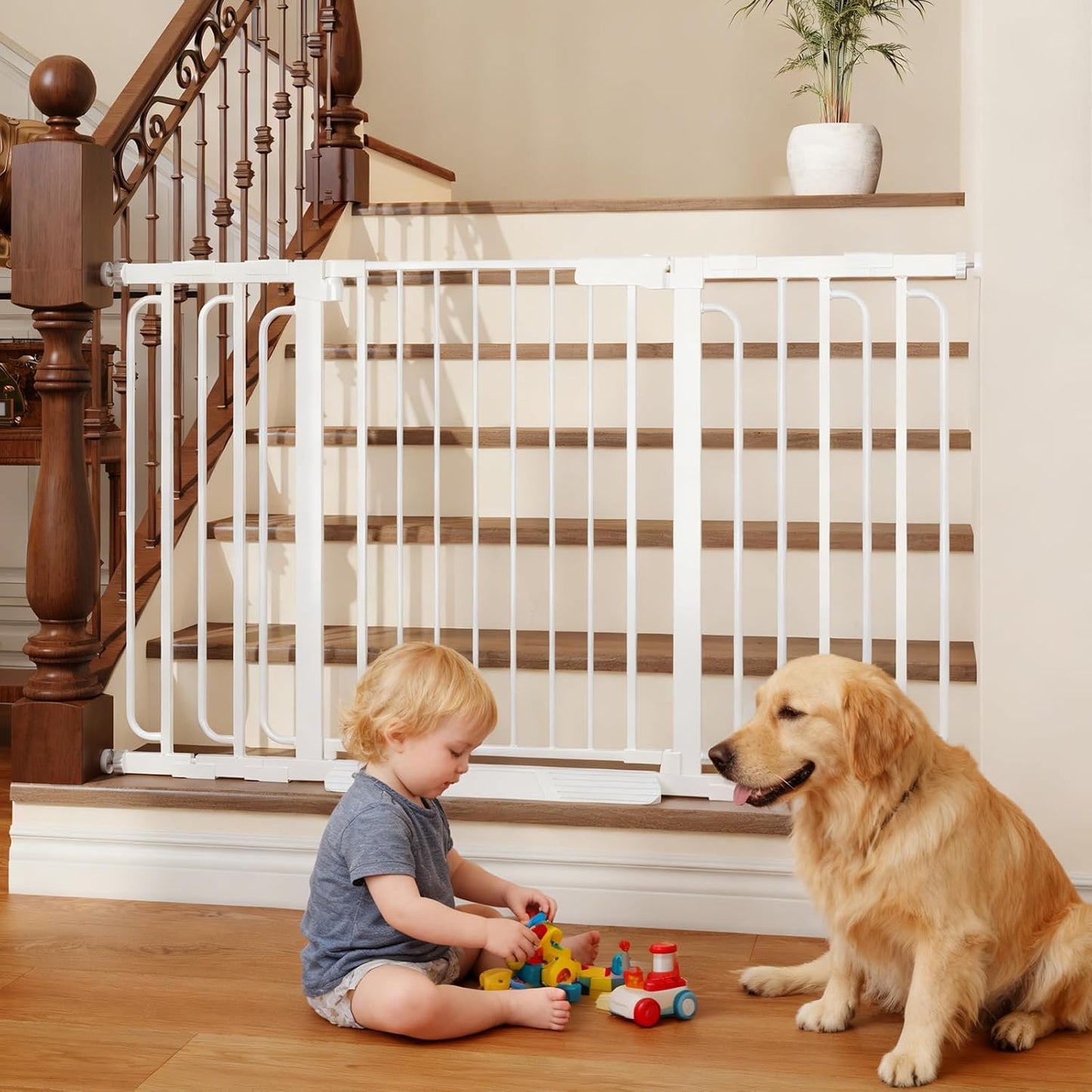 Extra Wide Baby Gate with Door 53.4-62 Inch Pressure Mounted, Auto Close Child Baby Gates for Doorways No Drill, Walk Through Dog Gate Indoor for The House, White