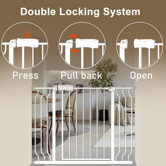 ALLAIBB Extra Wide Baby Gate Pressure Mount with Auto-Close, White Metal Safety Gate for Stairs & Doorways - Child Proof, Pet Barrier for Hallways, Kitchen, Living Room for 57.48-62.02 inch