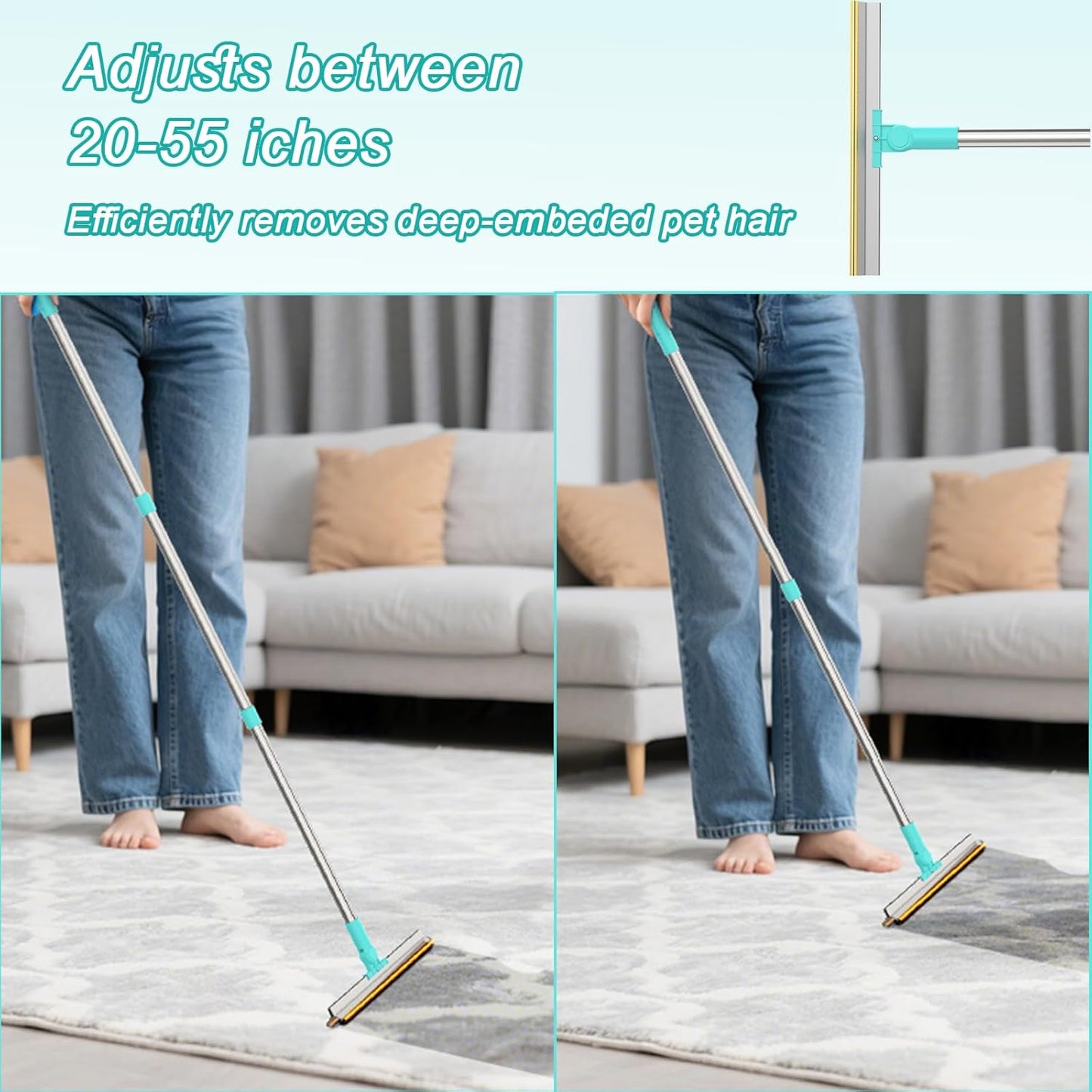 Carpet Rake for Pet Hair Removal Tool - Reusable Dog Cat Hair Remover Scraper with Adjustable Long Handle, Carpet Clean Brush & Broom for Rugs, Mats, Couch, Furniture and Car Interiors