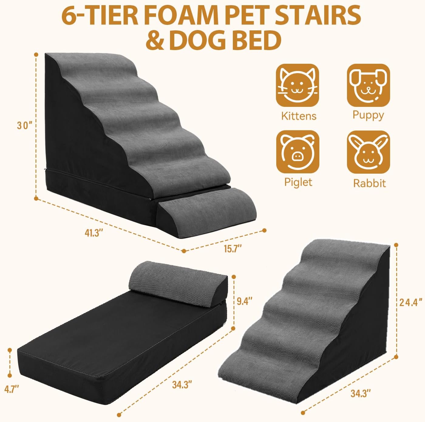 A.FATI Dog Stairs 30 Inches High for 30-36 Inch High Bed, 6-Tier 3-in-1 Foam Pet Steps with Non-Slip Bottom, Detachable Washable Cover, Dog Ramp for Small Old Short-Legged Dogs Up to 50 Lbs