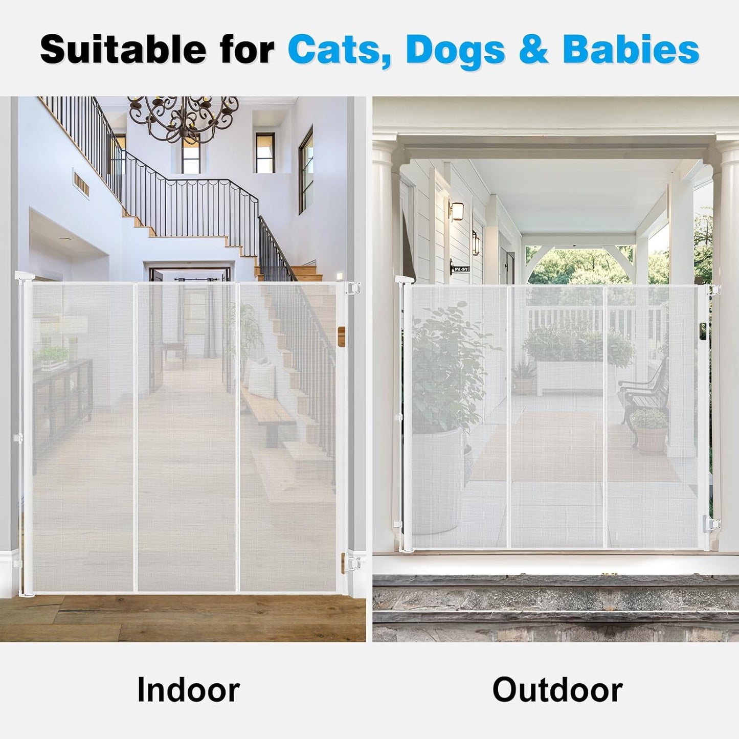 Reinforced 52" Extra Tall Dog Gate for Doorway, Jump-Resistant & Prevent Crawling Underneath Retractable Dog Gates Indoor, 0-55" W Retractable Baby Gate for Doorway, Safety Extra Tall Cat Gate, White