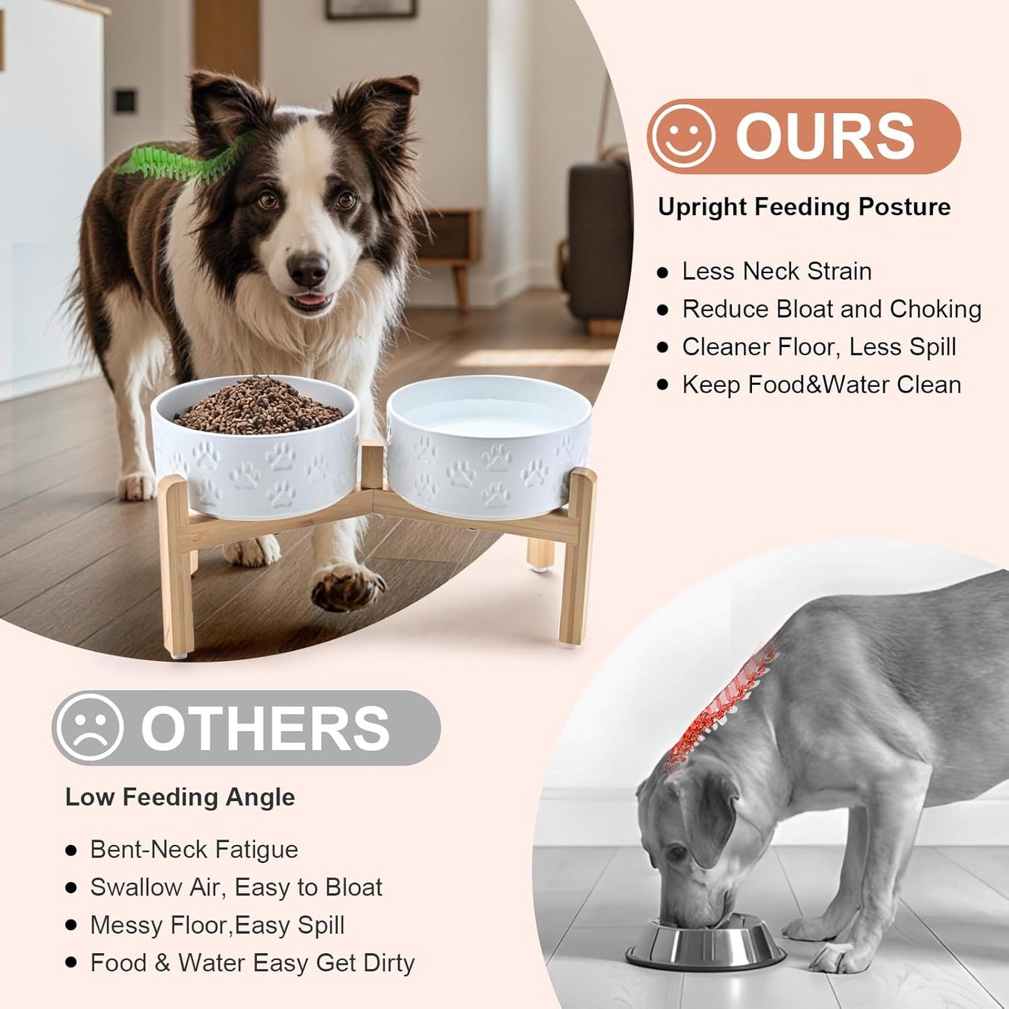 SPUNKYJUNKY Elevated Dog Bowls Ceramic, 6.1'' Dogs and Cat Food Water Bowls Raised with Non-Slip Bamboo Stand for Medium Sized Breed Microwave Dishwasher Safe - 28.7 OZ,Beige