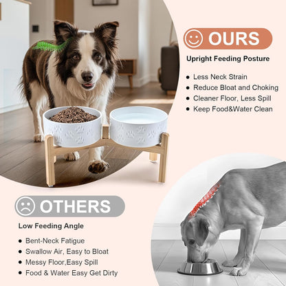 SPUNKYJUNKY Elevated Dog Bowls Ceramic, 6.1'' Dogs and Cat Food Water Bowls Raised with Non-Slip Bamboo Stand for Medium Sized Breed Microwave Dishwasher Safe - 28.7 OZ,Beige