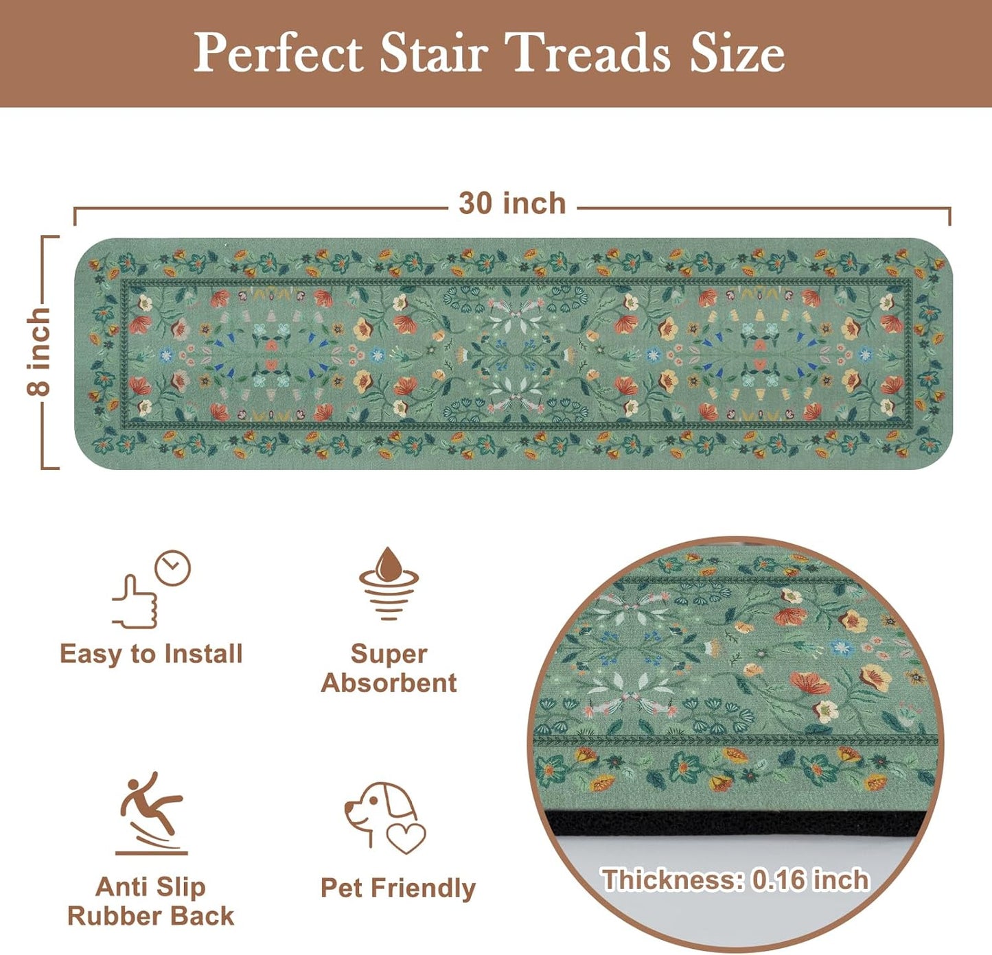 OJIA Floral Stair Treads Non-Slip Carpet Stair Treads for Wooden Steps Indoor 15PCS 30"x8" Stair Runner Stair Mats Staircase Step Treads for Kids, Elders and Dogs, Stair Covers, Black