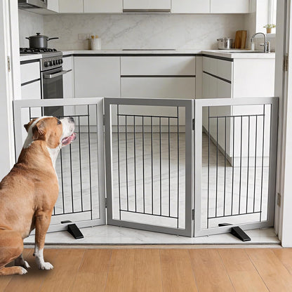 ZJSF Freestanding Dog Gate Indoor, Foldable Dog Fence for Doorways,Hallways or Stairs, Sturdy Wood Extra Wide Pet Gate with Support Feet,Black,24 "Height-3 Panels