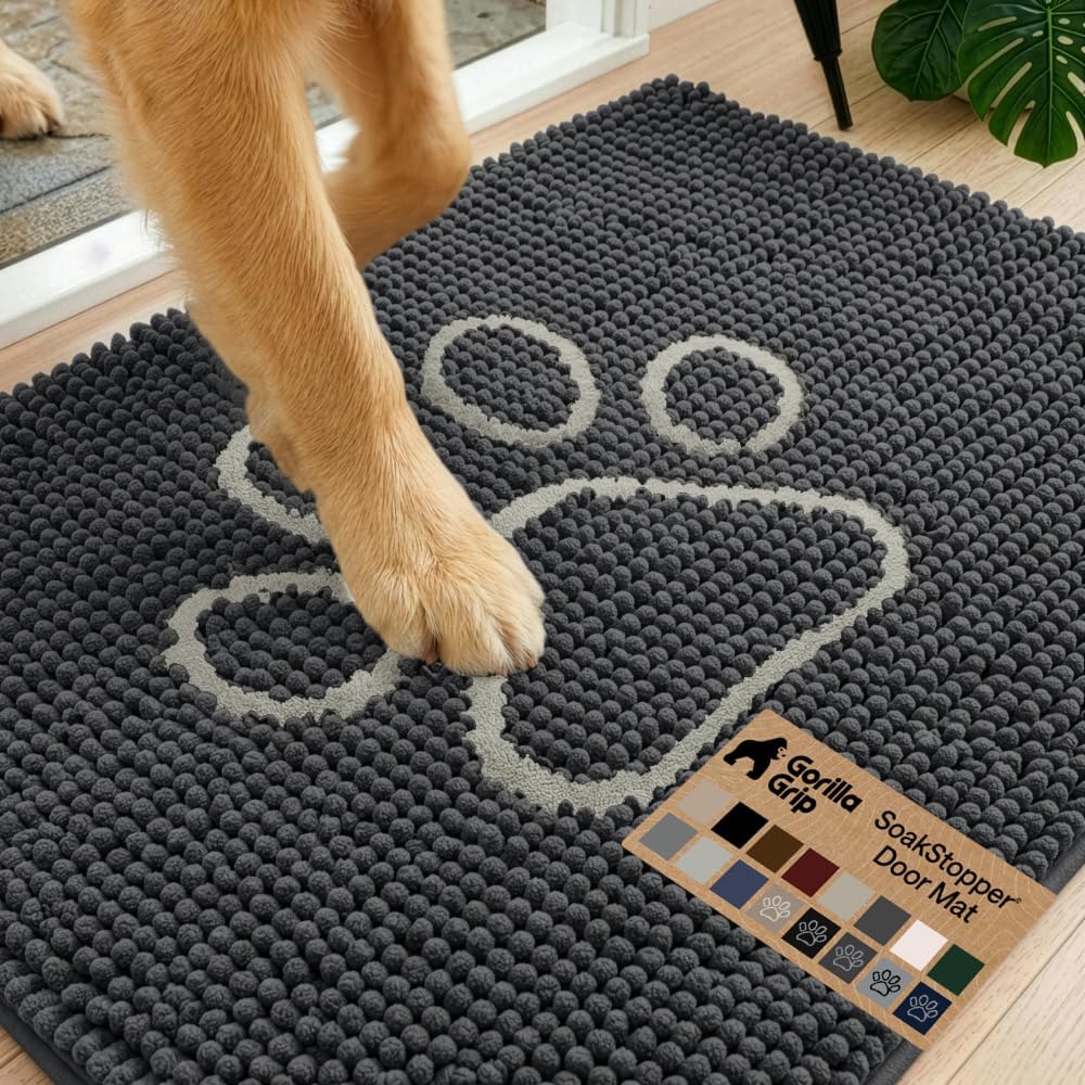 GORILLA GRIP SoakSTOPPER Dog Door Mat, 30x20 Machine Washable Rug Absorbent Doormat Captures Moisture Mud Dirt, Quick Dry Soft Chenille Entryway Rugs Indoor Entrance Mats for Dog Paws, Paw Grey