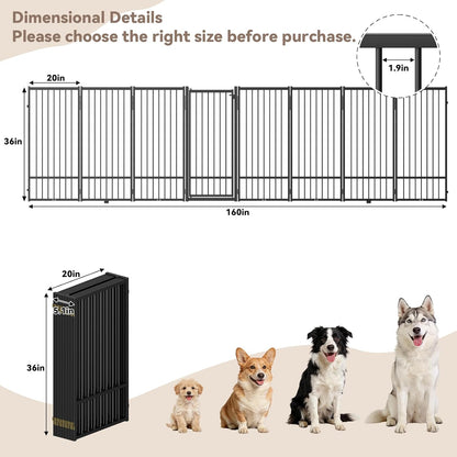SNUOWU Full Metal Freestanding Dog Gate with Door, 32''Height Foldable Pet Dog Fence for Indoor & Outdoor, 4 Panels Extra Wide Free Standing TallDog Gates for Doorways,House,Stairs,Porch,Deck,Yard