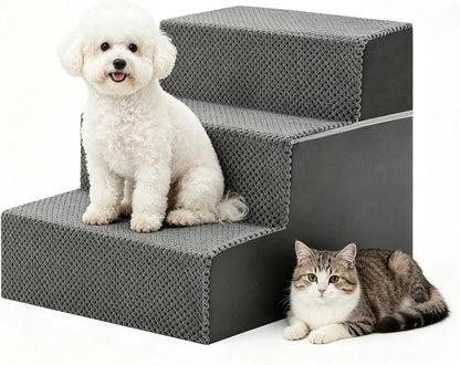 DUMOS Dog Stairs for Small and Medium Dogs, 3-Step Pet Steps with High-Density Foam, Indoor Non-Slip Pet Ramp for Puppy and Older Dogs Cats, Dog Bed Stairs for Couch and Sofa, Grey