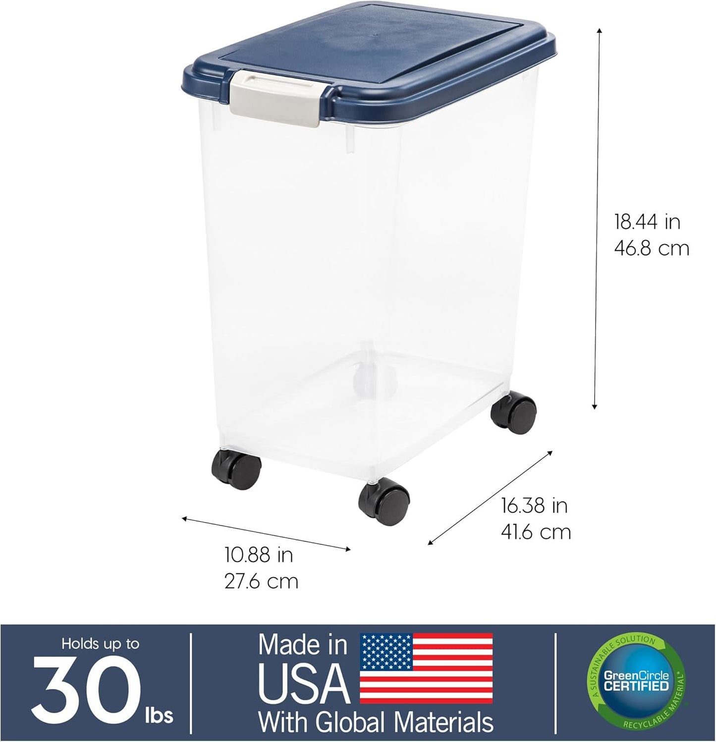 IRIS USA Airtight Dog Food Storage Container, Up to 30 lbs, Attachable Wheels, for Dog Cat Bird and other Pet Food Storage Bin, Keep Fresh, Easy Mobility, BPA Free, Black