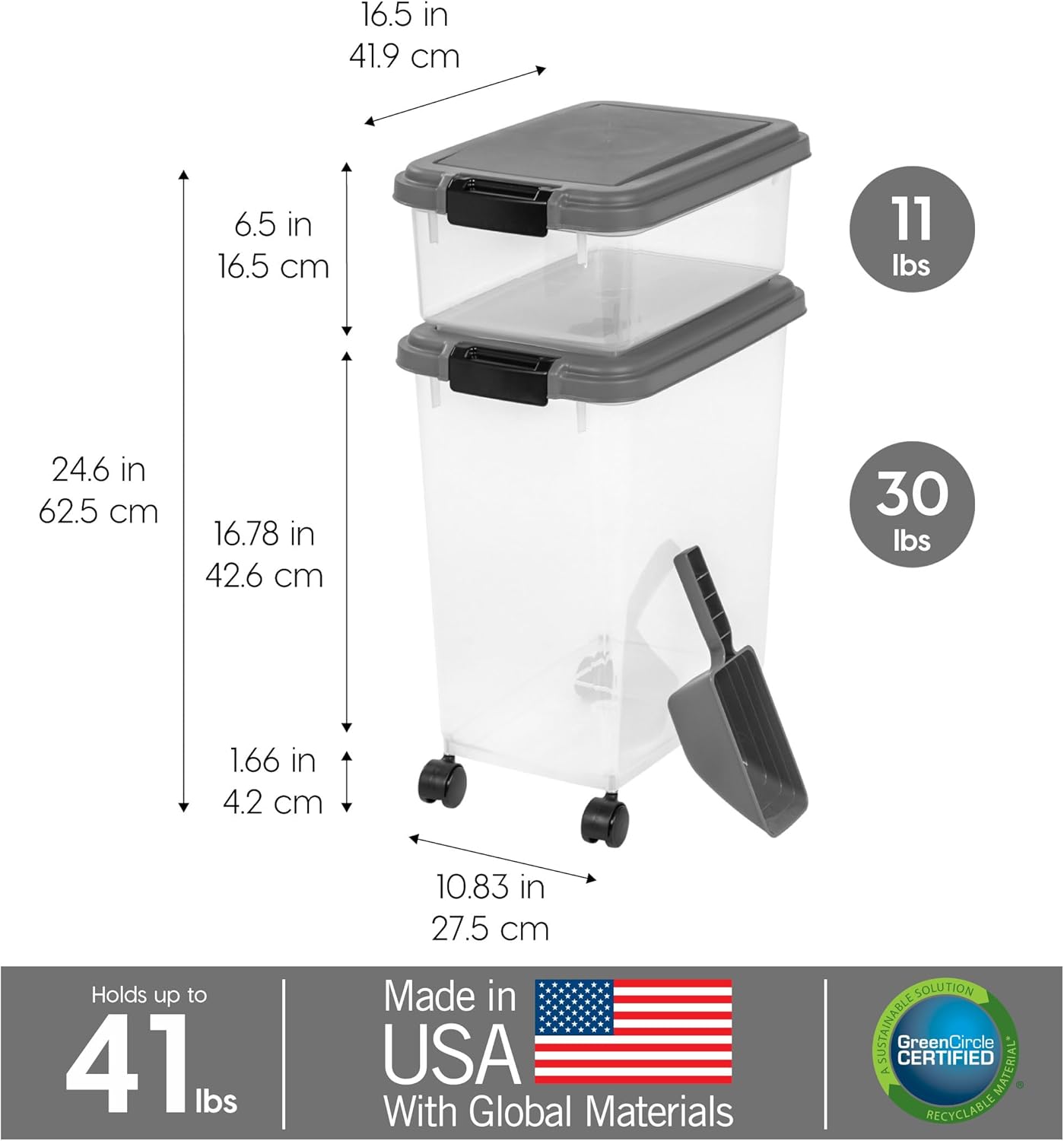 IRIS USA 30 lbs & 11 lbs Combo Airtight Dog Food Storage Container, Stackable Treat Box, 2-Cup Scoop, Wheels, Keep Fresh, Easy Mobility, Chrome