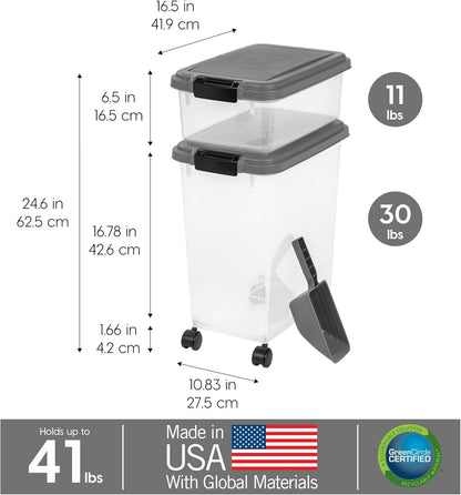 IRIS USA 30 lbs & 11 lbs Combo Airtight Dog Food Storage Container, Stackable Treat Box, 2-Cup Scoop, Wheels, Keep Fresh, Easy Mobility, Chrome