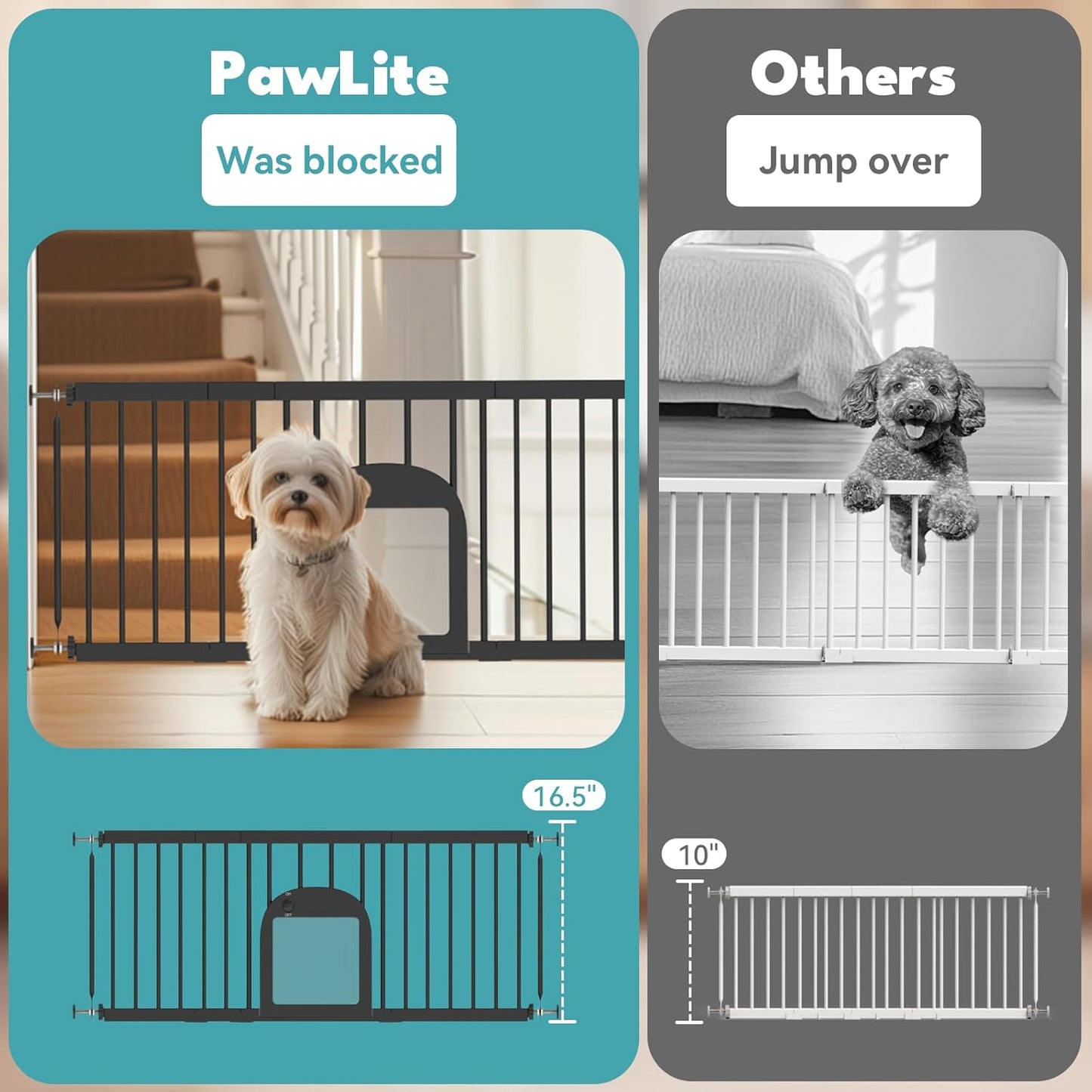 No Pawblems Dog Gate with Small Pet Door, 16"-42.7" Adjustable Metal Short Dog Gate to Step Over, 16.5" Tall Small Pet Gate with 3 Extension Kits, Pressure Mounted Gate for Doorways & Stairs, White