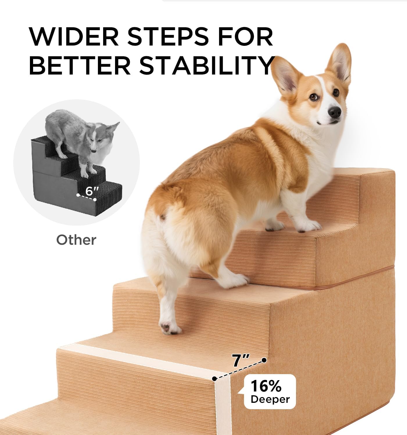 Made4Pets Dog Steps for Bed, Extra Wide Dog Stairs for High Bed Couch Sofa, 35D Foam Pet Steps for Small Dogs and Cats(Up to 40lbs), Non-Slip Bottom Pet Stairs, Tan, 4 Steps