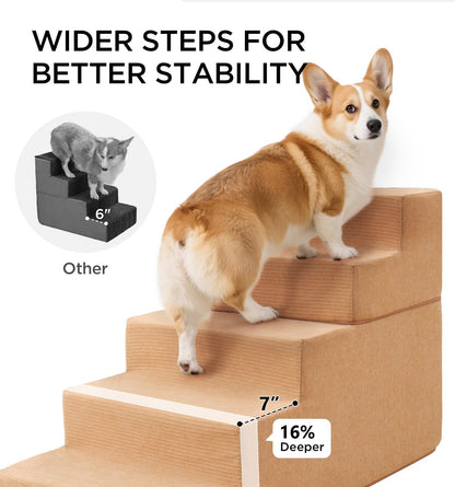 Made4Pets Dog Steps for Bed, Extra Wide Dog Stairs for High Bed Couch Sofa, 35D Foam Pet Steps for Small Dogs and Cats(Up to 40lbs), Non-Slip Bottom Pet Stairs, Tan, 4 Steps