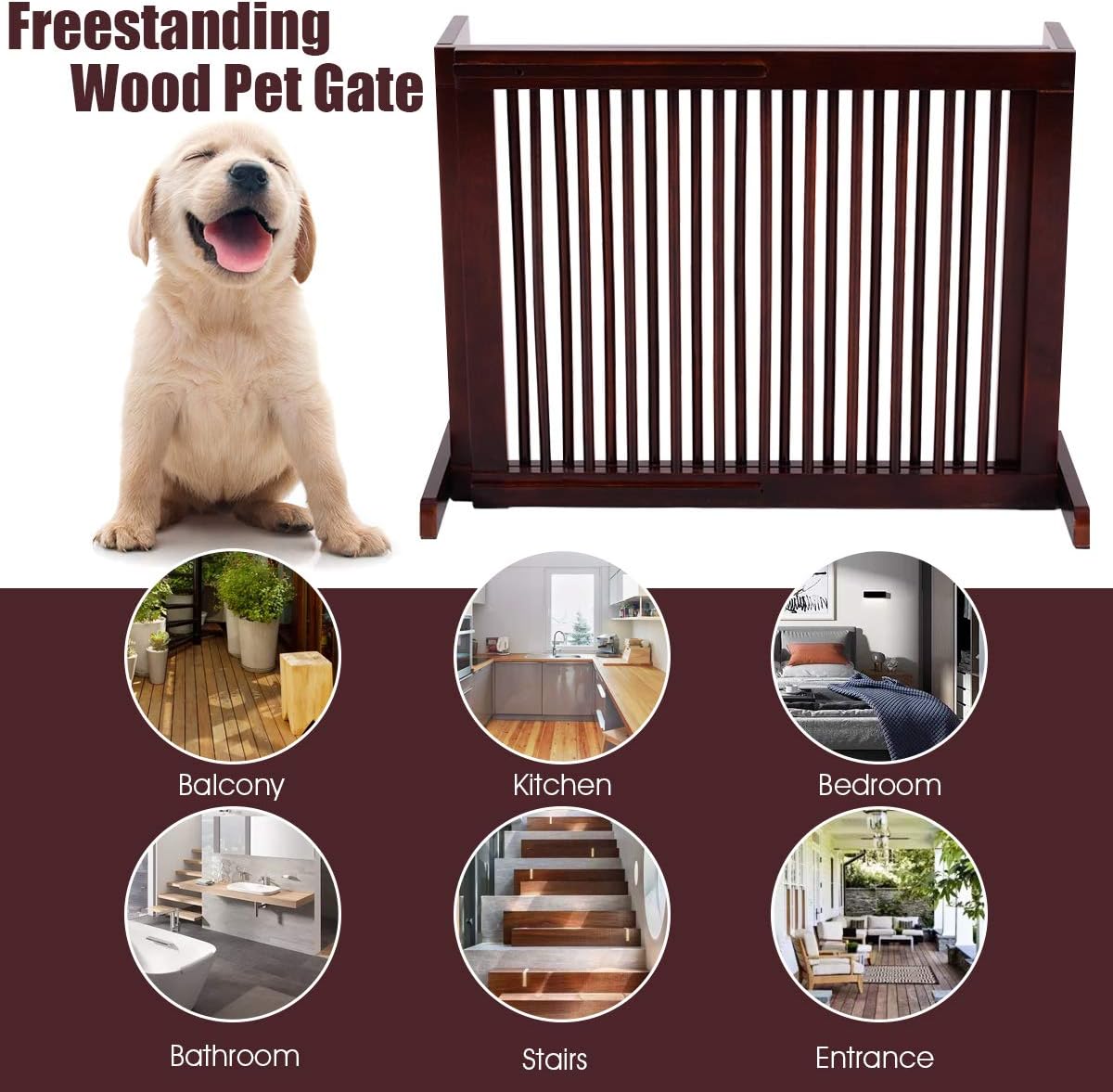 PETSITE Free Standing Retractable Wooden Dog Gate Indoor, 28-80 Inches Adjustable Pet Gate for Doorways, Stairs, Hallway, Kitchen, Easily Crossable with One Step, Ideal for Small & Medium Sized Dogs