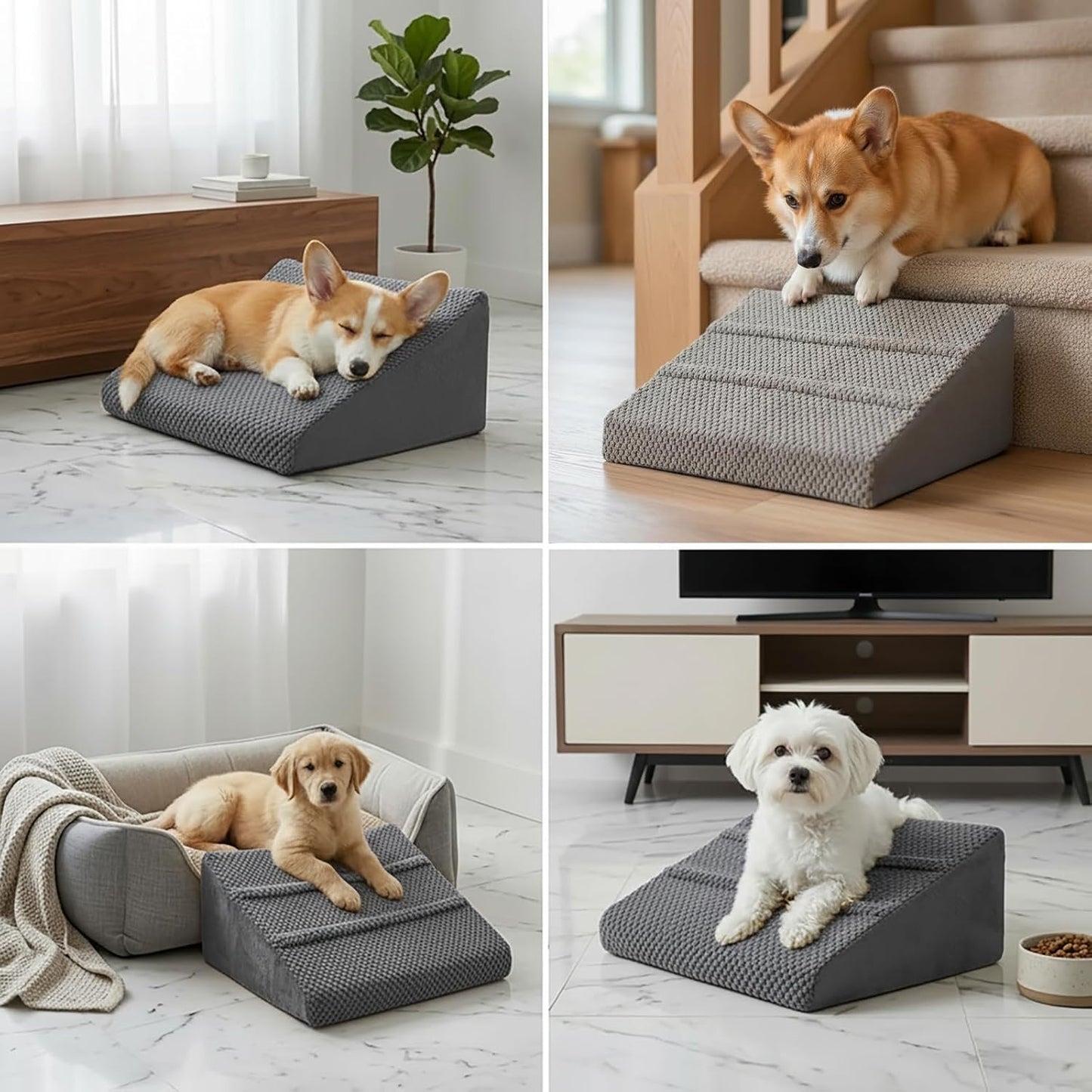 Dog Ramp for Stairs - Dog Steps-Anti-Slip Foam Stair Wedges for Small & Senior Dogs,Gentle Slope Pet Steps with Washable Corduroy Cover, Self-Sticky Pads for Safe Climbing (Gray,2-Pack)
