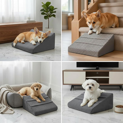 Dog Ramp for Stairs - Dog Steps-Anti-Slip Foam Stair Wedges for Small & Senior Dogs,Gentle Slope Pet Steps with Washable Corduroy Cover, Self-Sticky Pads for Safe Climbing (Gray,2-Pack)