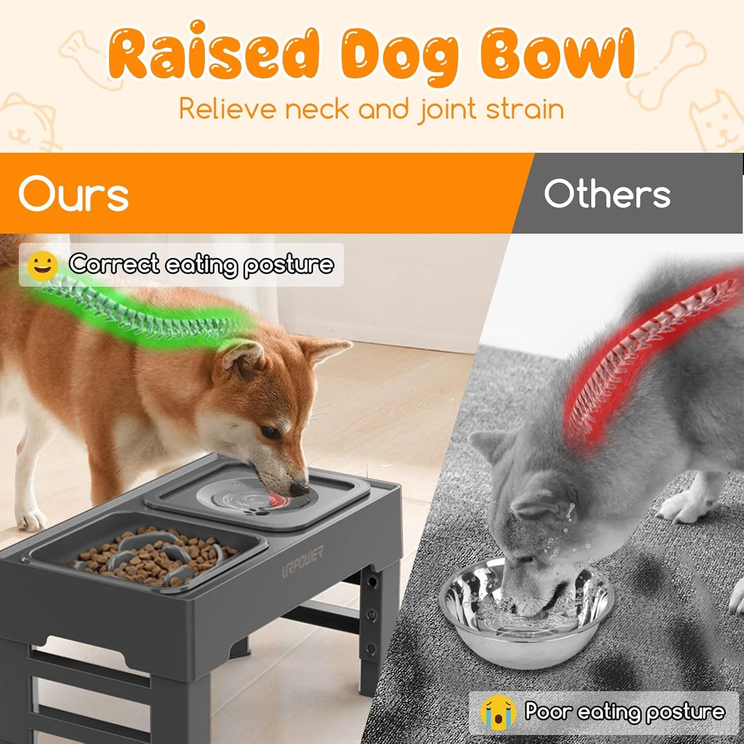 URPOWER 2-in-1 Elevated Slow Feeder Dog Bowls with No-Spill Water Bowl, 4 Height-Adjustable Raised Dog Bowls, Non-Slip Food and Water Bowls with Stand for Small, Medium, Large Dogs, Cats and Pets