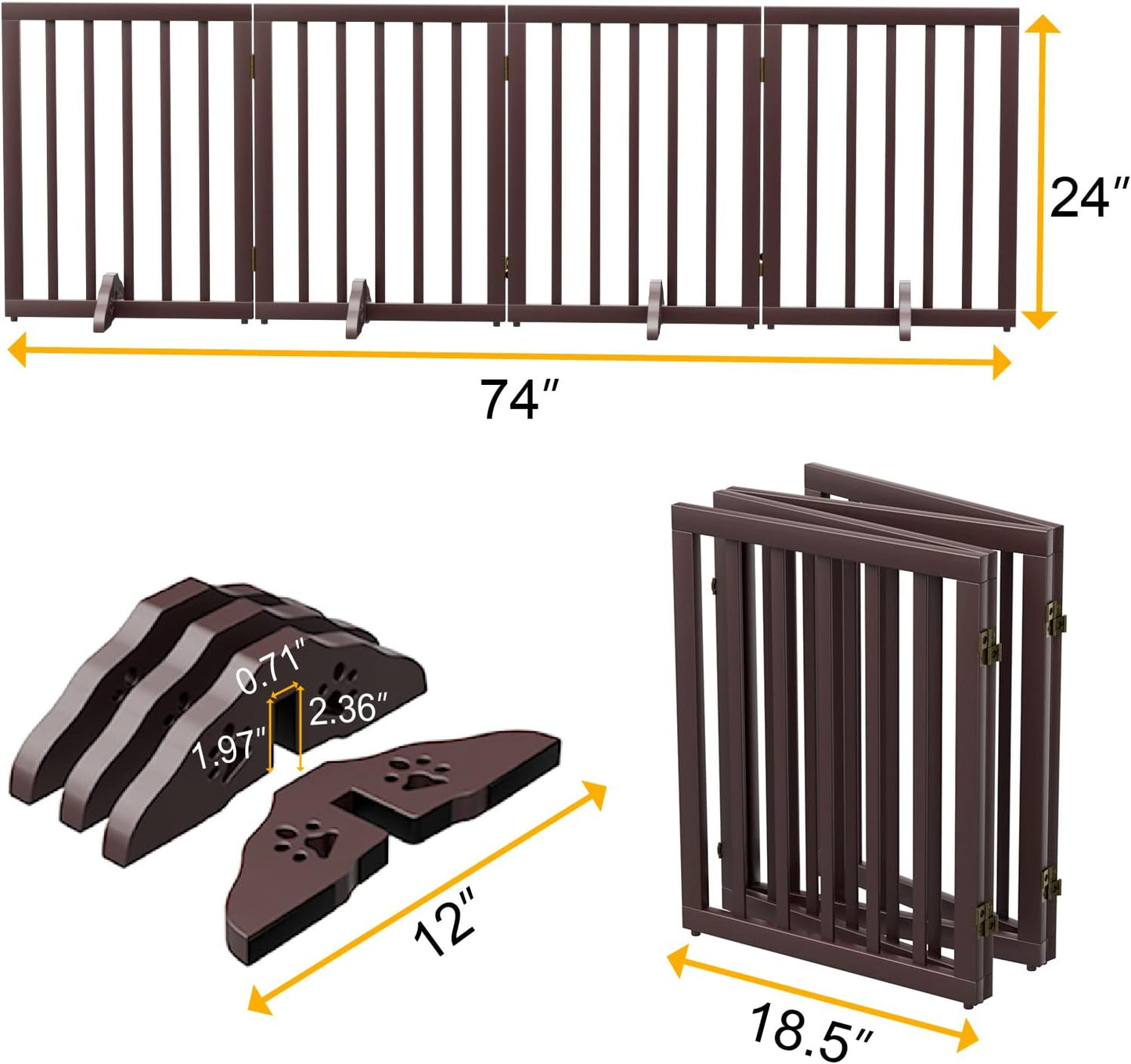 Freestanding Dog Gates Indoor, 3-Panel Pet Gates with 2 Metal Stands and 360° Hinge, 24" H Foldable Dog Gate for Stairs, Doorway, Kitchen, Expands Up to 55" Fully Assembled - Black Walnut