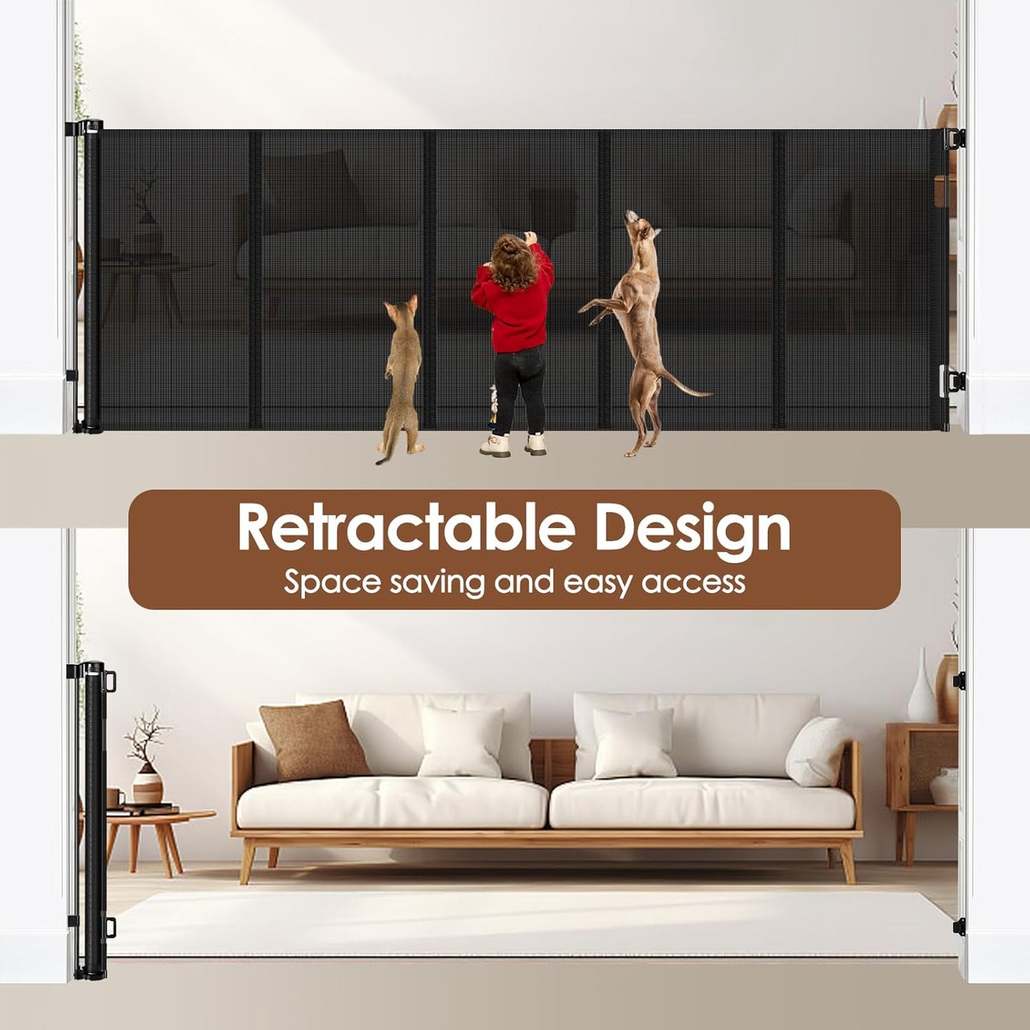 Reinforced 48" Extra Tall Pet Gate with Support Rods, 4 Ft Tall Retractable Baby Gates for Doorways 55" Wide Mesh Dog Gate Indoor Outdoor - Prevent Baby/Pet from Jumping Over, Black