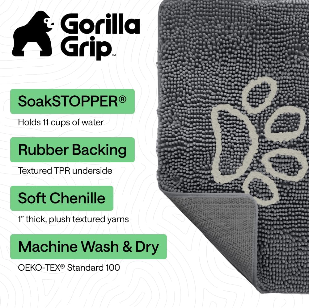 GORILLA GRIP SoakSTOPPER Dog Door Mat, 30x20 Machine Washable Rug Absorbent Doormat Captures Moisture Mud Dirt, Quick Dry Soft Chenille Entryway Rugs Indoor Entrance Mats for Dog Paws, Paw Grey