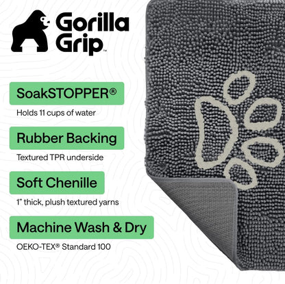 GORILLA GRIP SoakSTOPPER Dog Door Mat, 30x20 Machine Washable Rug Absorbent Doormat Captures Moisture Mud Dirt, Quick Dry Soft Chenille Entryway Rugs Indoor Entrance Mats for Dog Paws, Paw Grey